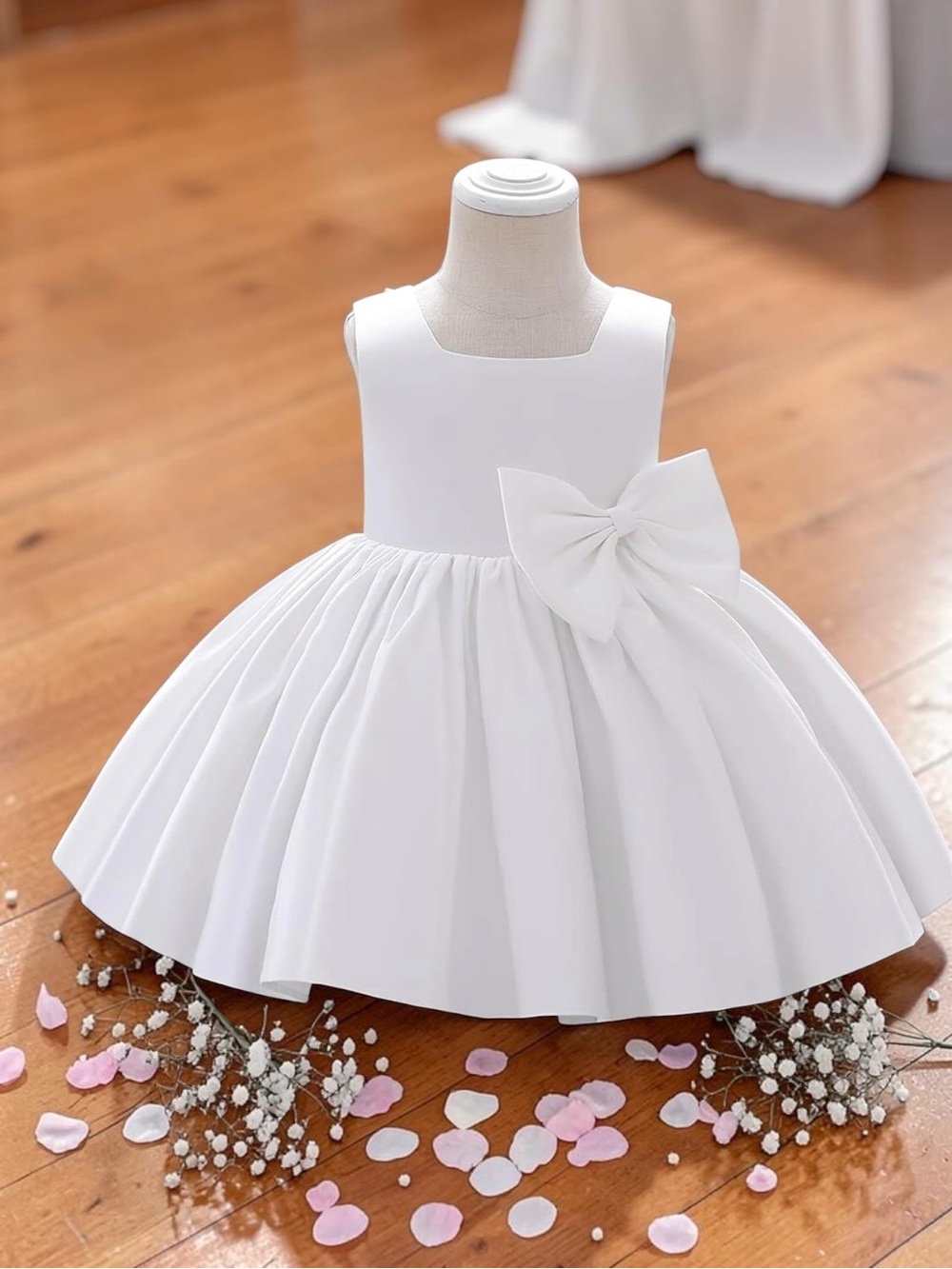 White Satin Flower Girl Dress with Bow
